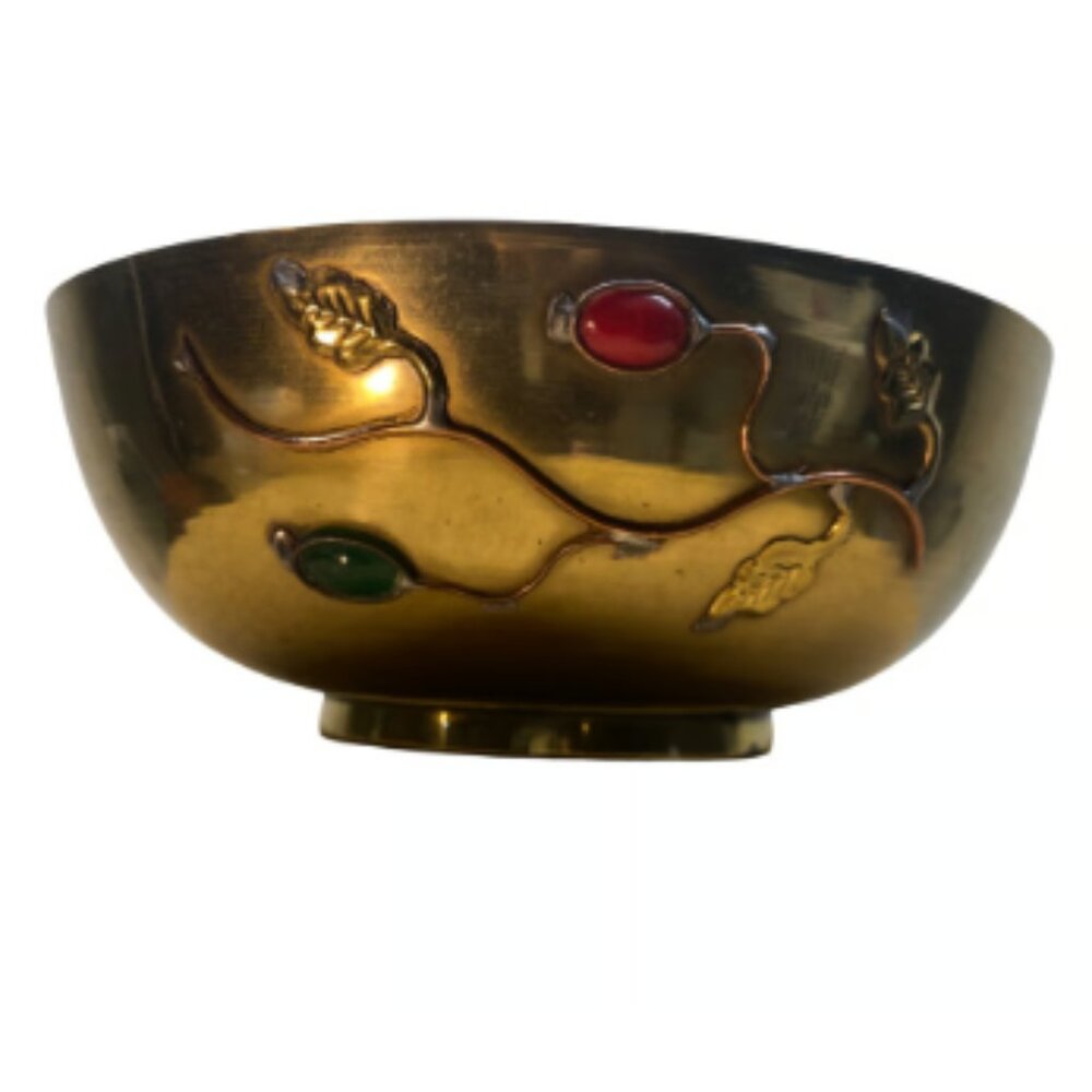 Vintage Brass Trinket Bowl Handmade, Red & Green Stones Vine Embellished - 7"